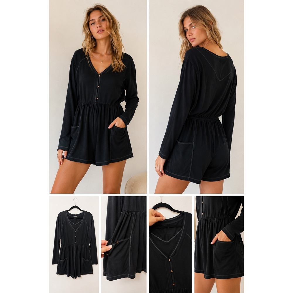 Intimately Free People Black Slouchy Henley Romper Large Oversized Pockets‎